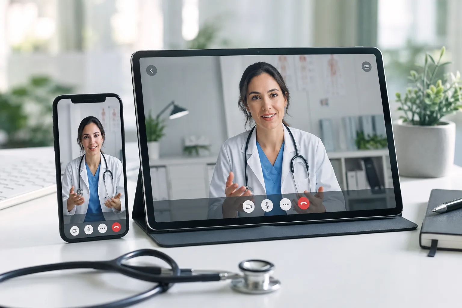 Doctor on a video consultation displayed on tablet and phone